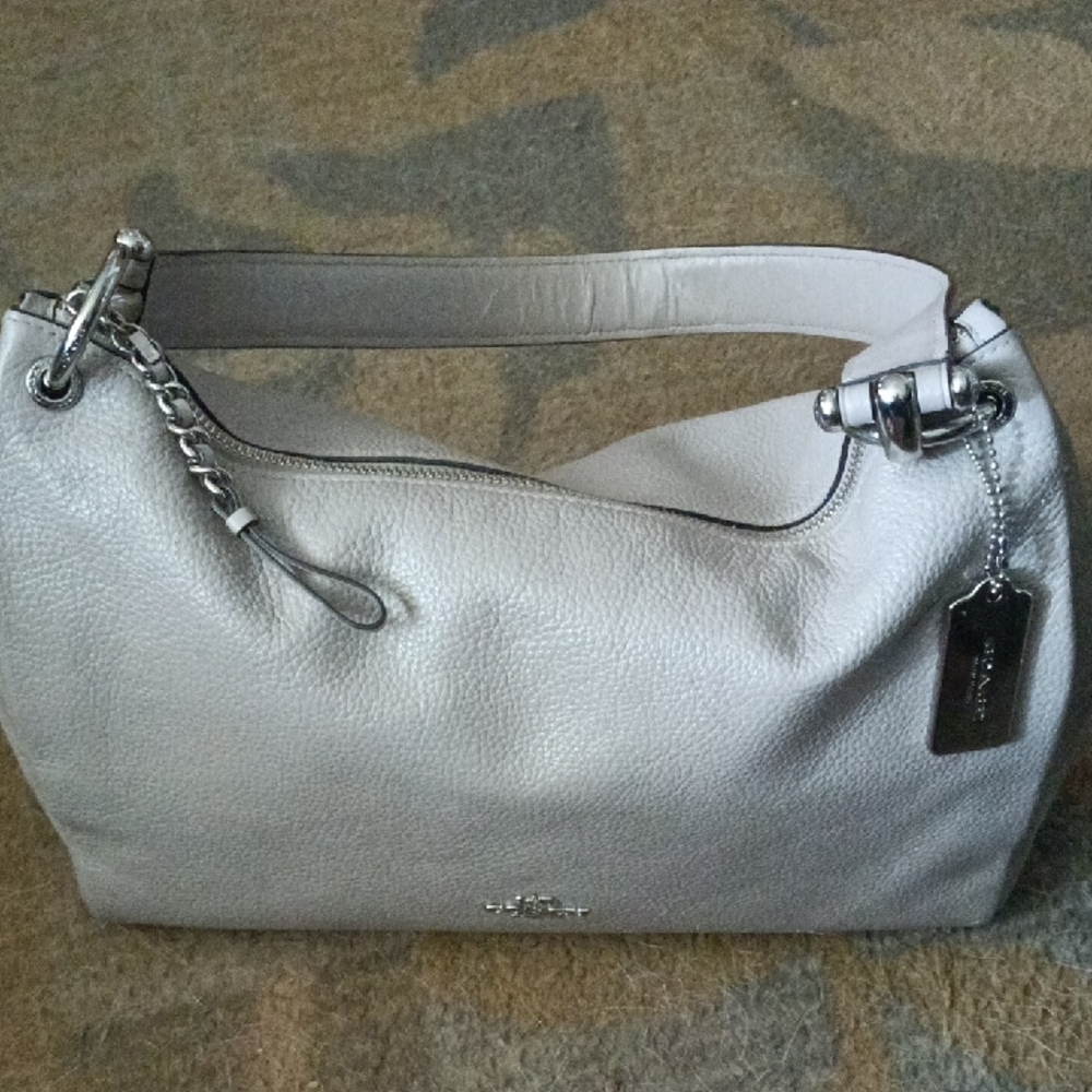 Coach Silver Metallic Shoulder Bag with Chain Detail And Semi Clean Suade Sides